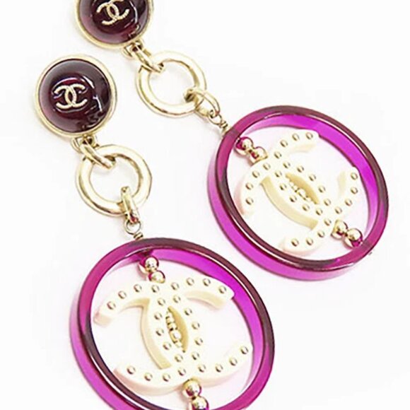 CHANEL CC Logos Lucite Huge Circle Purple Dangle Earrings Gold Tone - Picture 1 of 10